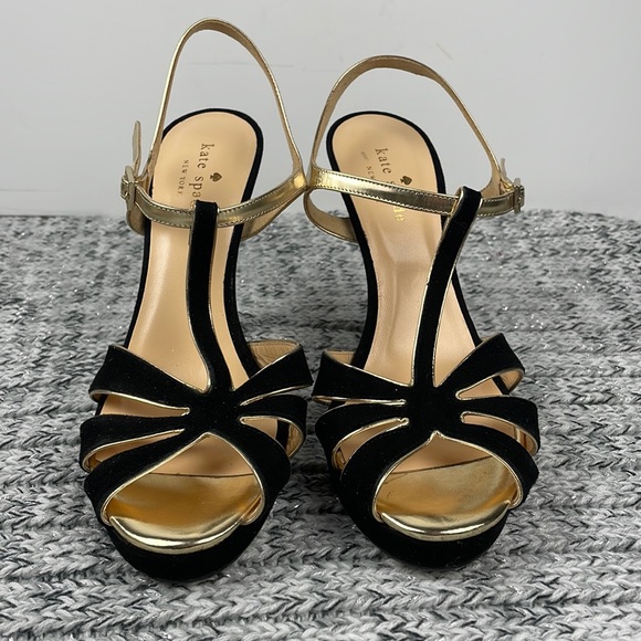 KATE SPADE ♠️ Black Gold Rosie Sandals Heels 8 - Picture 3 of 16